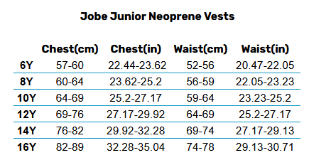 2025 Jobe Junior Neoprene Vests 0 Matentabel